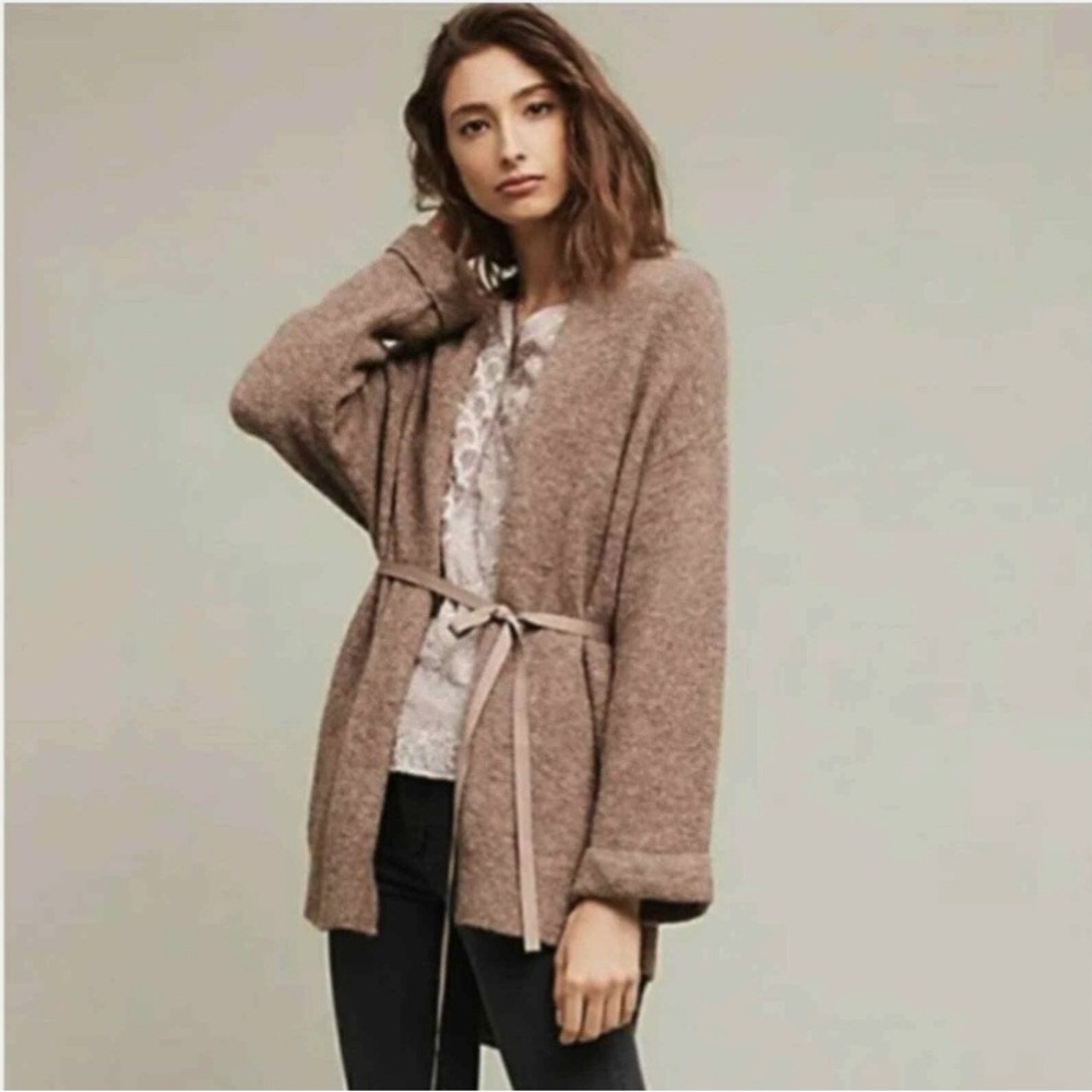 Anthropologie Moth Vallon Ribbon Tie Brown Wool Blend Cardigan Made in Italy S